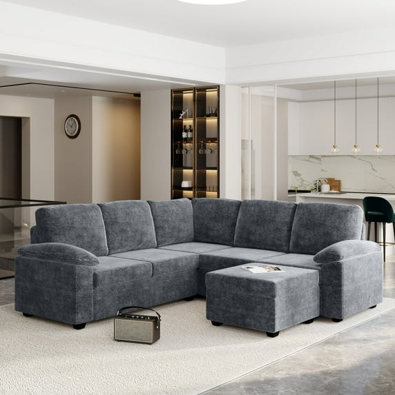 EUROCO 2000LBS 84" Modern U Shaped Sectional Sofa Set, 6 Seat Velvet Upholstered Corner Couch with Ottoman, Armrest Pillow, Indoor Furniture for Living Room, Apartment, Office, Gray