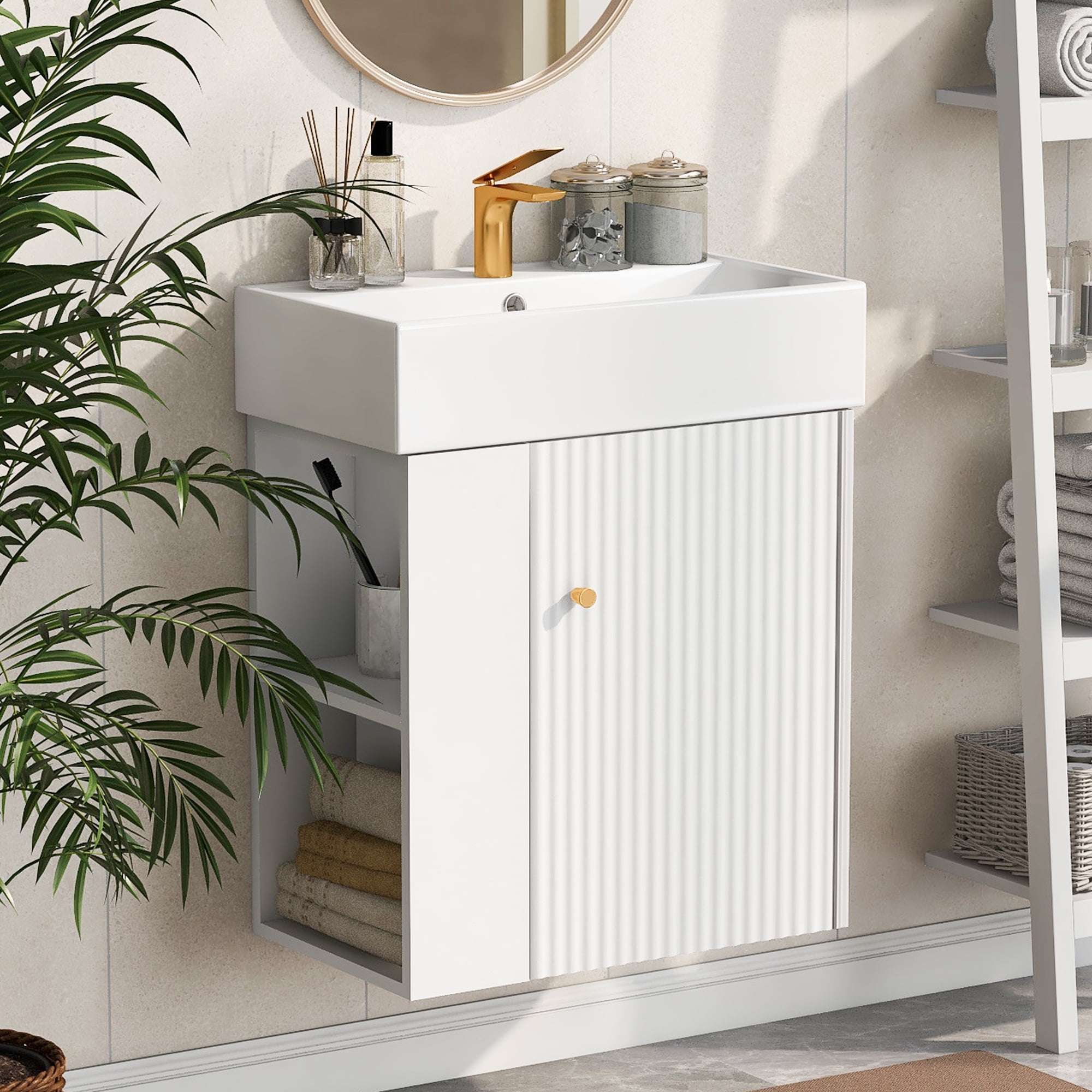 Euroco 21.6 inch Bathroom Vanity with Sink Floating Bathroom Vanity Cabinet with Ceramic Basin Perfect for Small Bathrooms Left Side Storage White