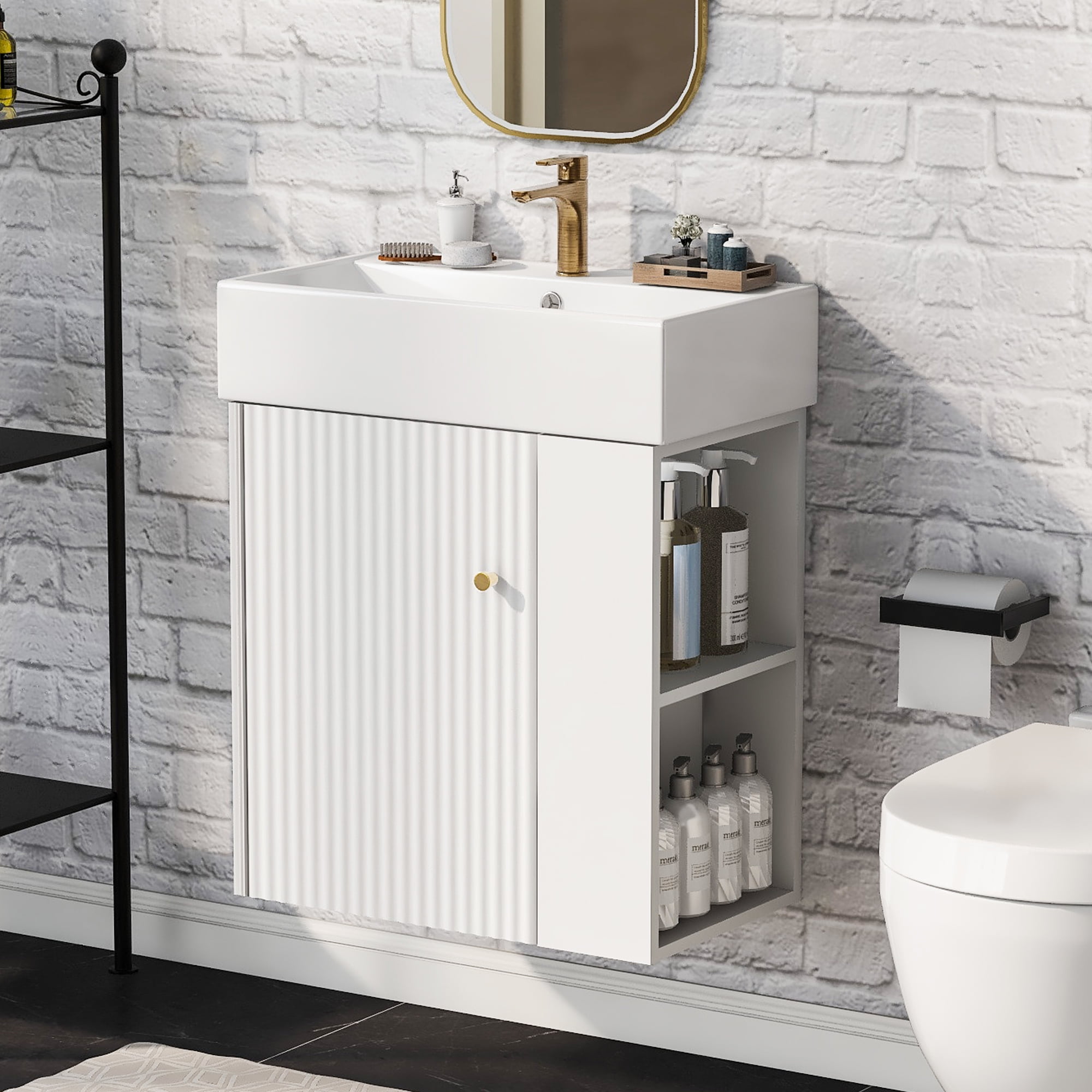 EUROCO 21.6 Bathroom Vanity with Sink Floating Bathroom Vanity Cabinet with Ceramic Basin Perfect for Small Bathrooms Right side storage White