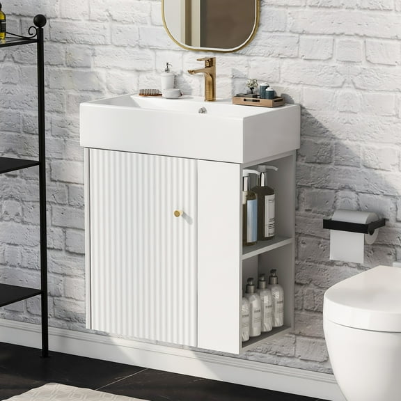 EUROCO 21.6" Bathroom Vanity with Sink Floating Bathroom Vanity Cabinet with Ceramic Basin, Perfect for Small Bathrooms, Right side storage, White