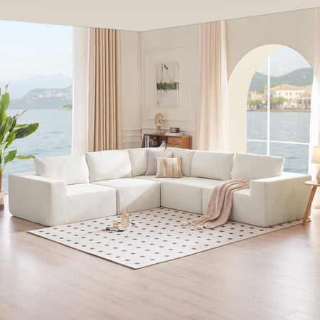 EUROCO 2200LBS 116" 5 PC Modular L Shaped Sectional Sofa Couch, Foam-Filled Combinable Sleeper Sofa Bed, Luxury Floor Couch Set Upholstered Indoor Furniture for Living Room, Bedroom, Beige