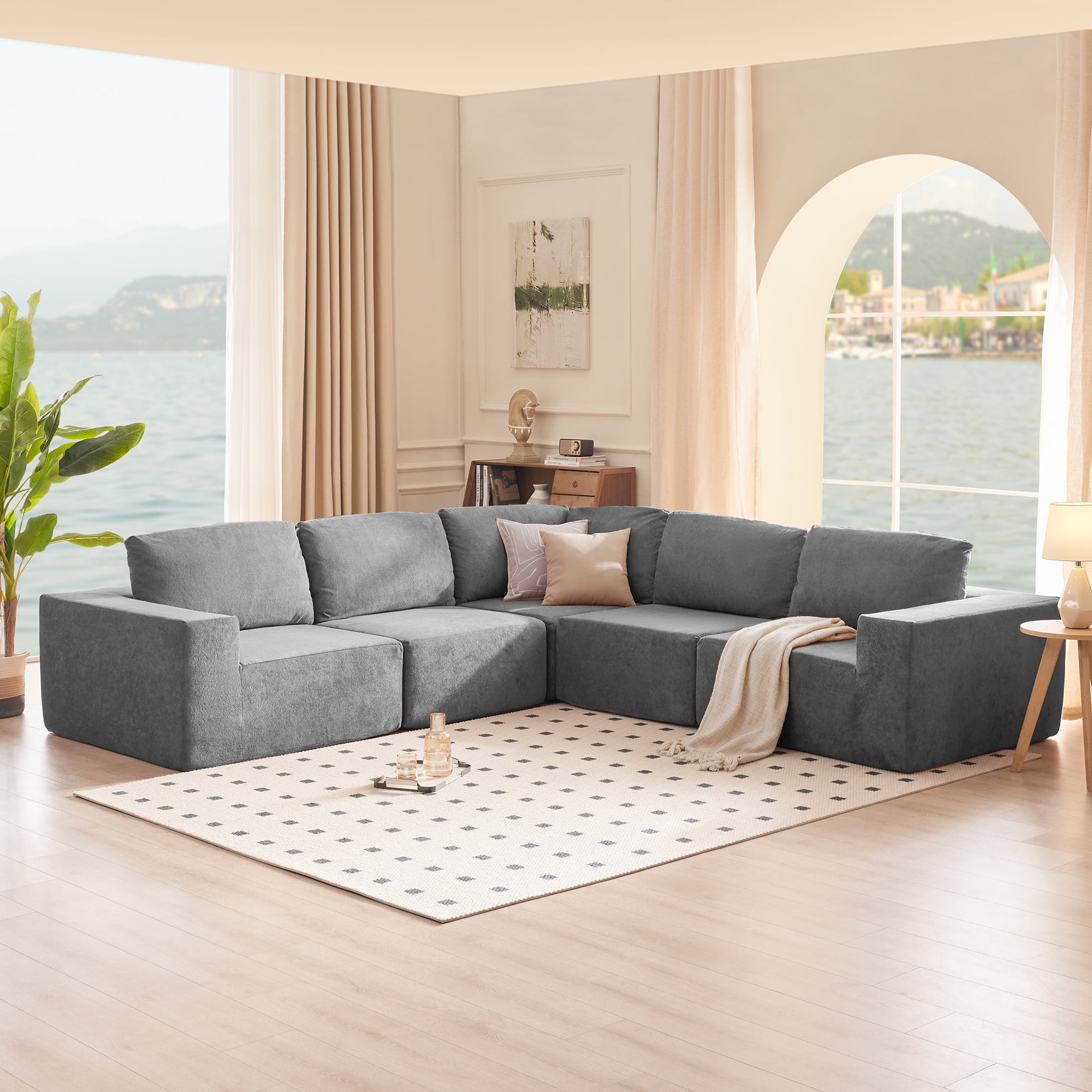 Euroco 2200lbs 116 inch 5 PC Modular L Shaped Sectional Sofa Couch Foam Filled Combinable Sleeper Sofa Bed Luxury Floor Couch Set Upholstered Indoor
