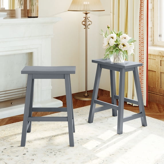 EUROCO 23.6" 2PC Acacia Wood Dining Stools, Counter Height Stools Kitchen for Kitchen, Dining room, Small Places, Gray