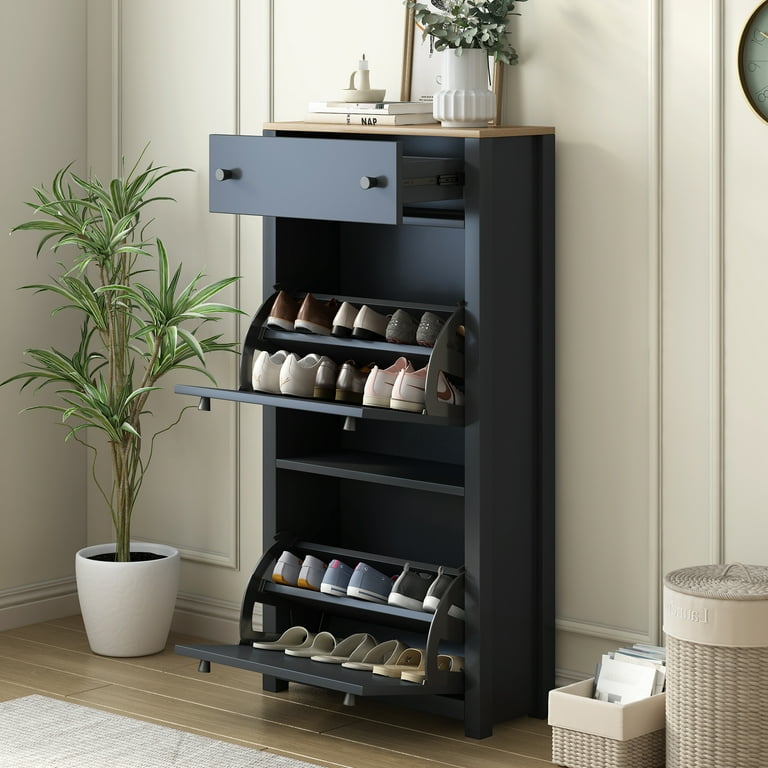 EUROCO Shoe Cabinet with Flip Drawers and Wood Grain Top