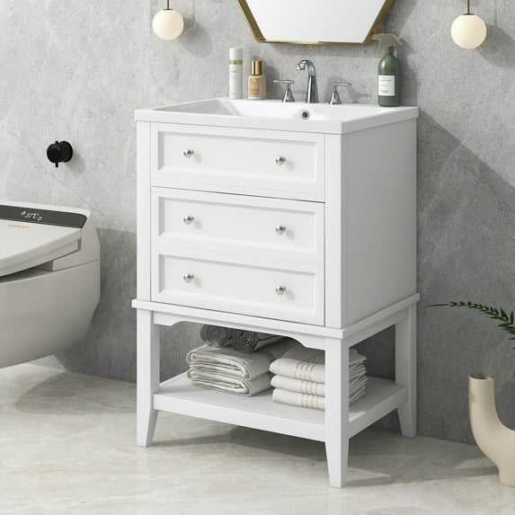 EUROCO 24" Bathroom Vanity with Sink,Modern Bathroom Storage Cabinet with Solid Wood Frame ,Drawer and Open Shelf,White