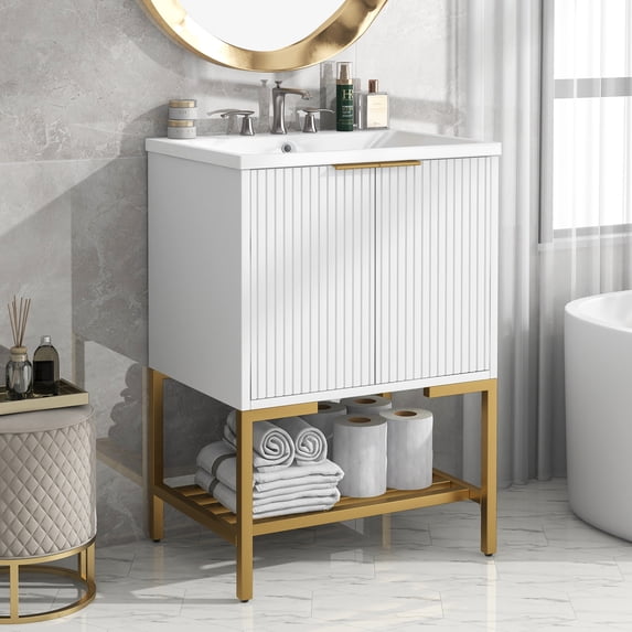 EUROCO 24" Bathroom Vanity with Sink,Modern Bathroom Vanity Cabinet with 2 Doors ,Open Storage Shelf and Gold Metal Frame, White