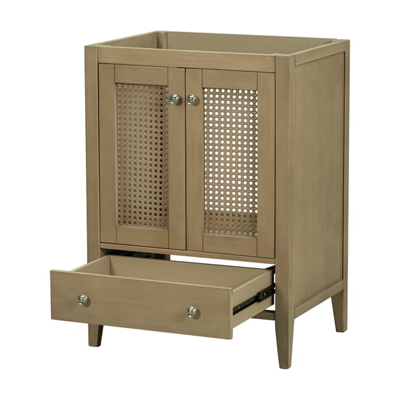EUROCO 24" Bathroom Vanity without Sink, Base Only, Rattan Cabinet with Doors and Drawer, Solid Frame and MDF Board, Natural
