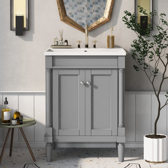 EUROCO 24"W x 18"D x 34"H Classical Bathroom Vanity with Top Sink,2-Tier Modern Bathroom Storage Cabinet,Wood Bathroom Vanity with Three-hole Resin Sink,Grey