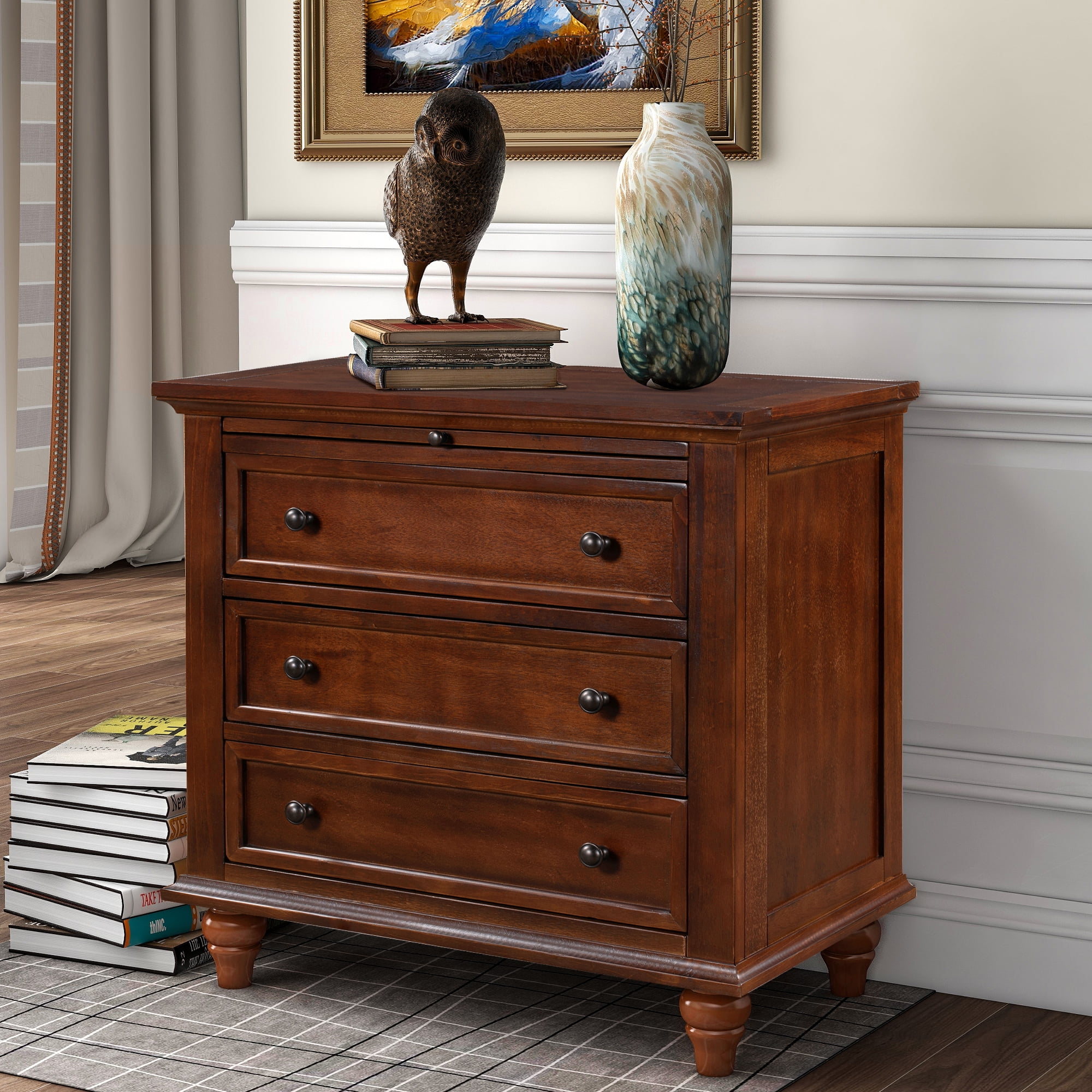 Euroco 28'' Stylish Bedside Furniture with Three Drawers, Pull Out Tray, and Storage, Solid Frame and Rubber Wood Legs for Living Room, Bedroom Euroco 28'' Stylish Bedside Furniture with Three Drawers, Pull Out Tray, and Storage, Solid Frame and Rubber Wood Legs for Living Room, Bedroom