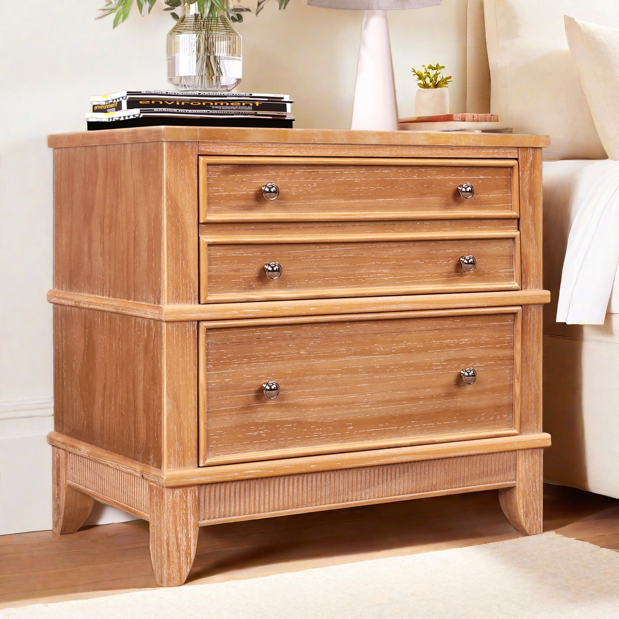 EUROCO  3-Drawer Side Table Nightstand for Bedroom, Living Room,  Hallway, Entryway,Silver Handle Finish