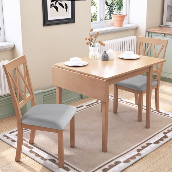 EUROCO 3-Piece Dining Table Set for 2,Rectangular Solid Wood Dining Table with Drop Leaf,2 Dining Upholstered Chairs and MDF Board,Perfect for Small Space, Easy Assembly,Natural
