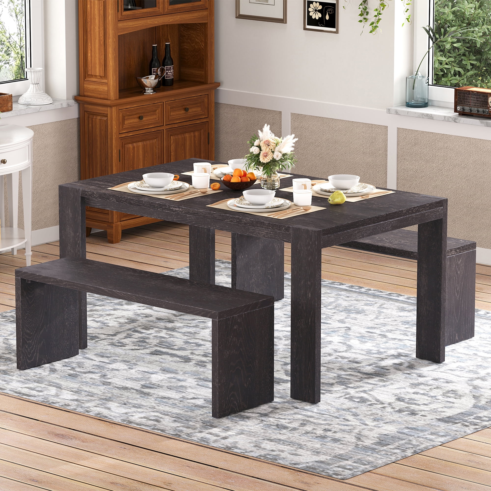 EUROCO 3-Piece Dining Table Set for 4, 60" Wood Kitchen Room Table Set with 2 Benches,Space-Saving Design for Apartment, Small Space and Breakfast Nook,Espresso