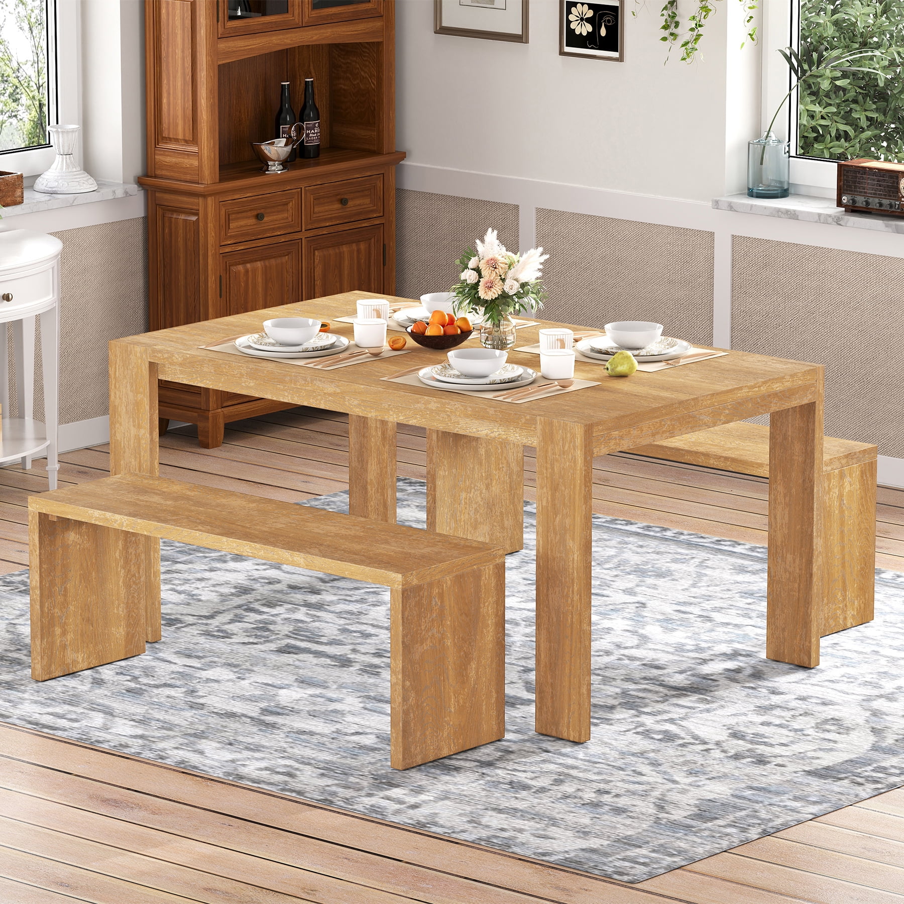 EUROCO 3-Piece Dining Table Set for 4, 60" Wood Kitchen Room Table Set with 2 Benches,Space-Saving Design for Apartment, Small Space and Breakfast Nook,Natural