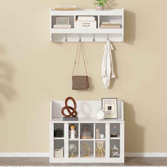 EUROCO 3-in-1 Adjustable Hall Tree with Storage, Practical Wall Mounted Coat Rack Versatile Hall Tree with 4 Hooks, Bench,Shoe Storage, Shelves and Entryway Organizer For Hallway, White