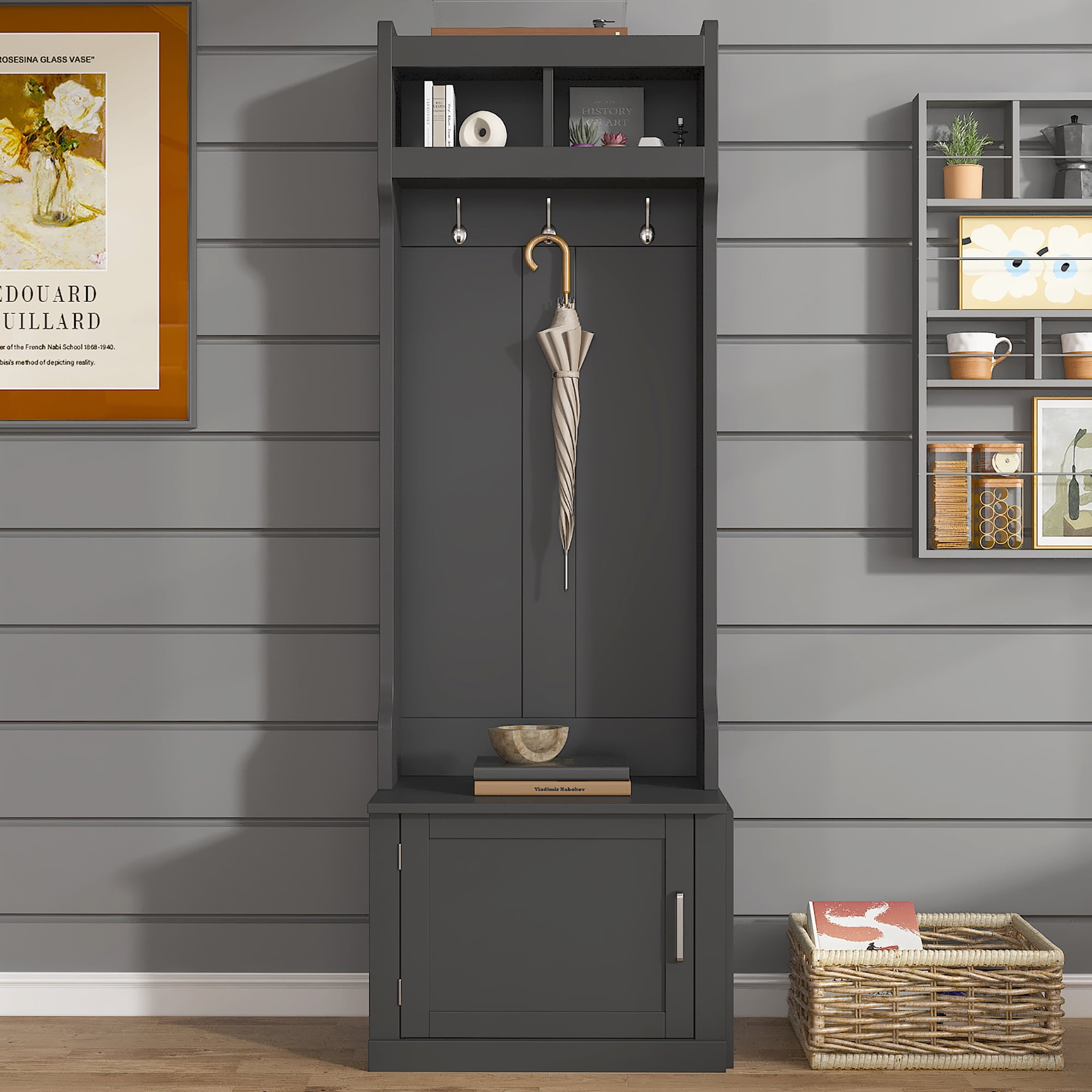Free Shipping EUROCO 3 in 1 Slim Hall Tree with Storage Multi Functional Hall Tree Coat Rack with 6 Hanging Hooks Bench Storage Cabinet and Elegant Foyer Cabinet for Hallway and Living room Black