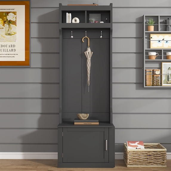 EUROCO 3-in-1 Slim Hall Tree with Storage, Multi-Functional Hall Tree, Coat Rack with 6 Hanging Hooks, Bench, Storage Cabinet and Elegant Foyer Cabinet for Hallway and Living room, Black