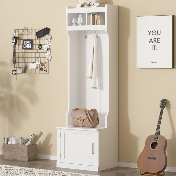 EUROCO 3-in-1 Slim Hall Tree with Storage, Multi-Functional Hall Tree, Coat Rack with 6 Hanging Hooks, Bench, Storage Cabinet and Elegant Foyer Cabinet for Hallway and Living room, White