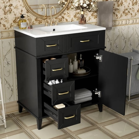 EUROCO 30" Bathroom Vanity with Ceramic Sink,Solid Wood Bathroom Makeup Cabinet with Soft Close Door,Adjustable Shelf and 3 Drawers,Free Standing Single Basin Vanity Set for Bathroom,Black