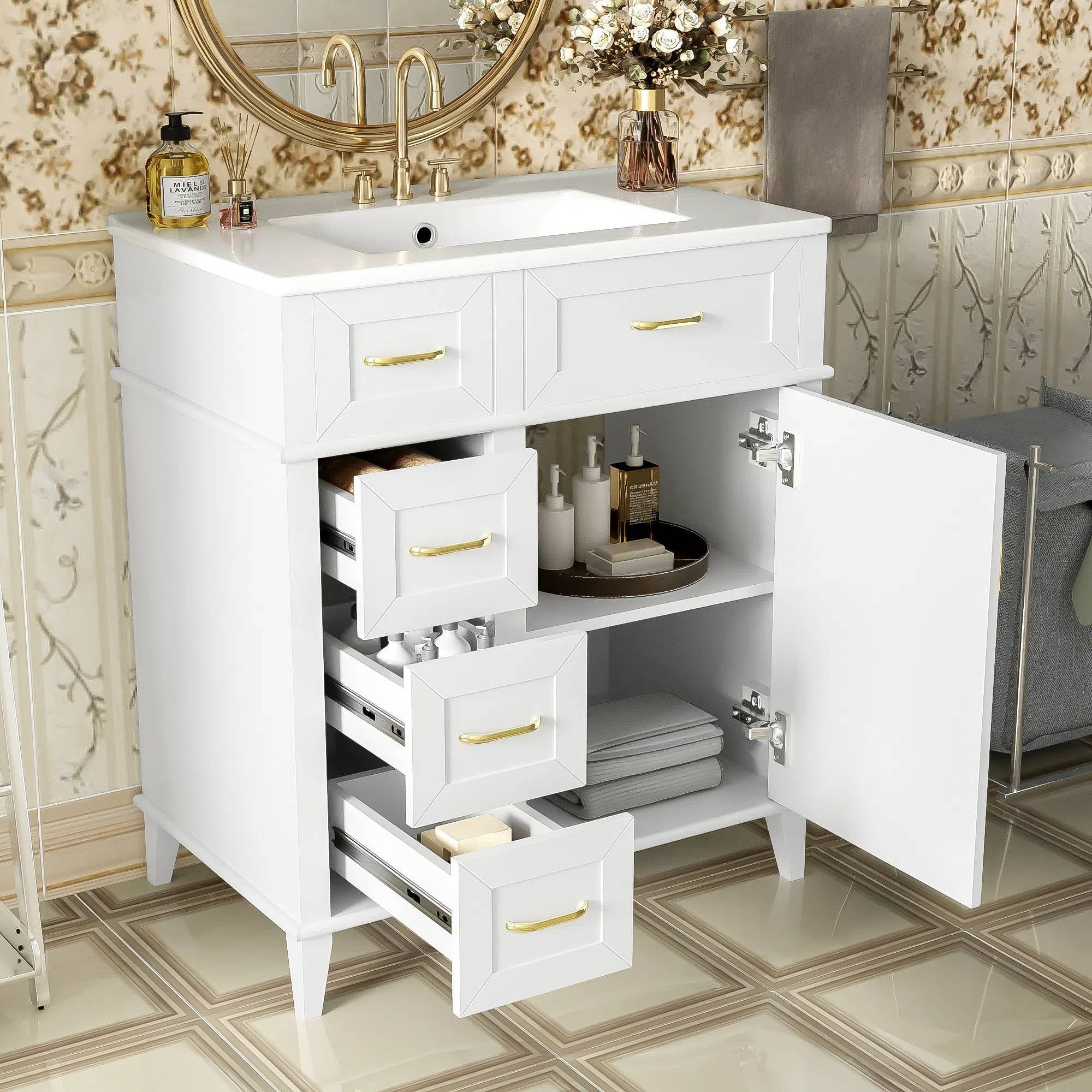 EUROCO 30" Bathroom Vanity with Ceramic Sink,Solid Wood Bathroom Makeup Cabinet with Soft Close Door,Adjustable Shelf and 3 Drawers,Free Standing Single Basin Vanity Set for Bathroom,White