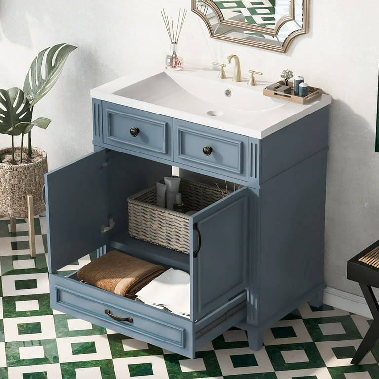 EUROCO 30 Bathroom Vanity with Undermount Resin Sink Solid Wood Frame Retro Style Bathroom Storage Cabinet with Soft Closing Doors and a