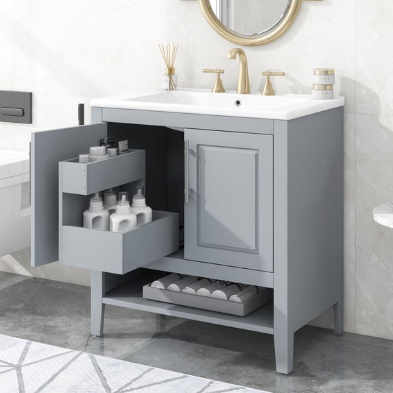 EUROCO 30" Bathroom Vanity with Sink, Multi-functional Bathroom Cabinet with Doors,shelf and Drawers, Solid Frame, Grey