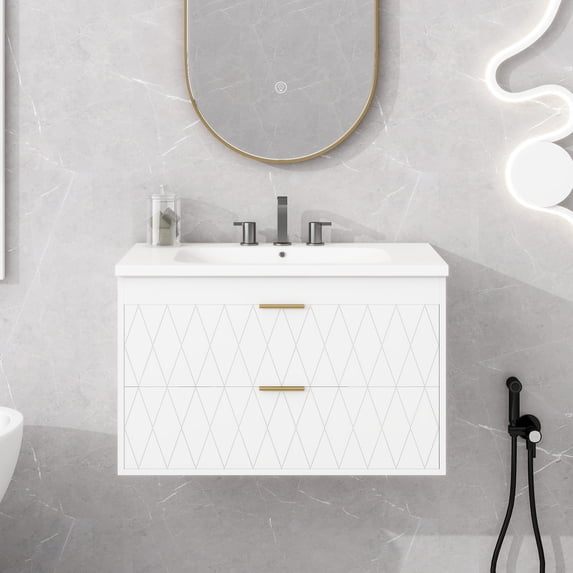 EUROCO 30'' Wall Mounted Floating Bathroom Vanity,Bathroom Storage Cabinet with 2 Drawers, Solid Wood,Modern Lavatory Floating Vanity with Counter Top Sink ,White