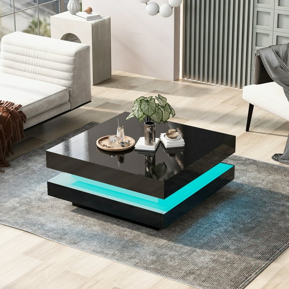 EUROCO 31.5“ Modern LED Coffee Table,Black High Glossy Square Coffee End Table Waterproof UV Surface for Living Room