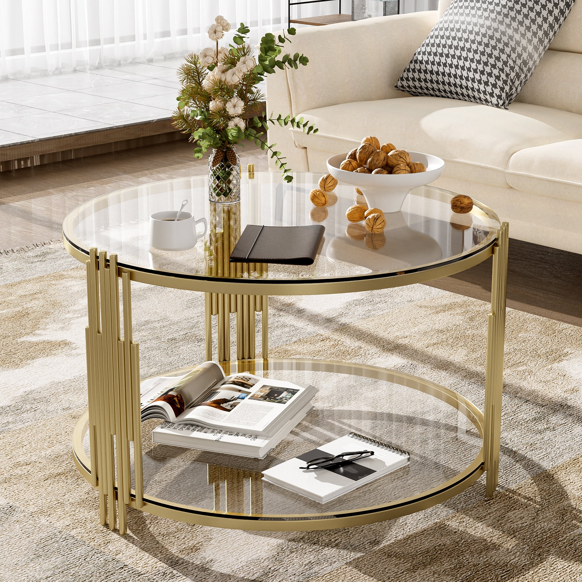 EUROCO 31.5" Round Coffee Table,Modern Tempered Glass Tea Table with Metal Base,Gold Finish and Lower Shelf,2 Tier Circle Dining Table for Study Room Reception Room,Transparent