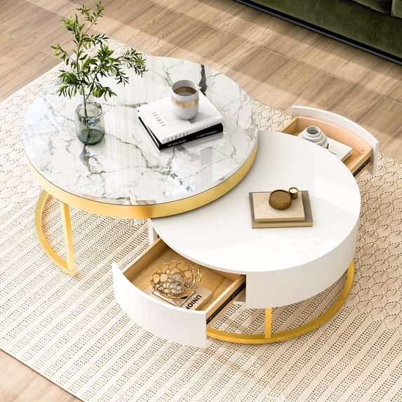 EUROCO 31.5" Round Nesting Coffee Table with 2 Drawers,Gold Metal Frame,White