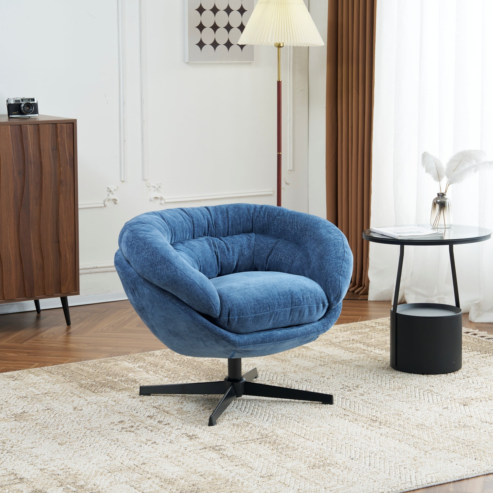 EUROCO 33" Ergonomic Chenille Swivel Chair,Cotton Accent Chair with Soft Thick Removable Cushion and Metal Base,360 Degree Swivel for Living, Bedroom, Reading Room,Antique Navy Blue