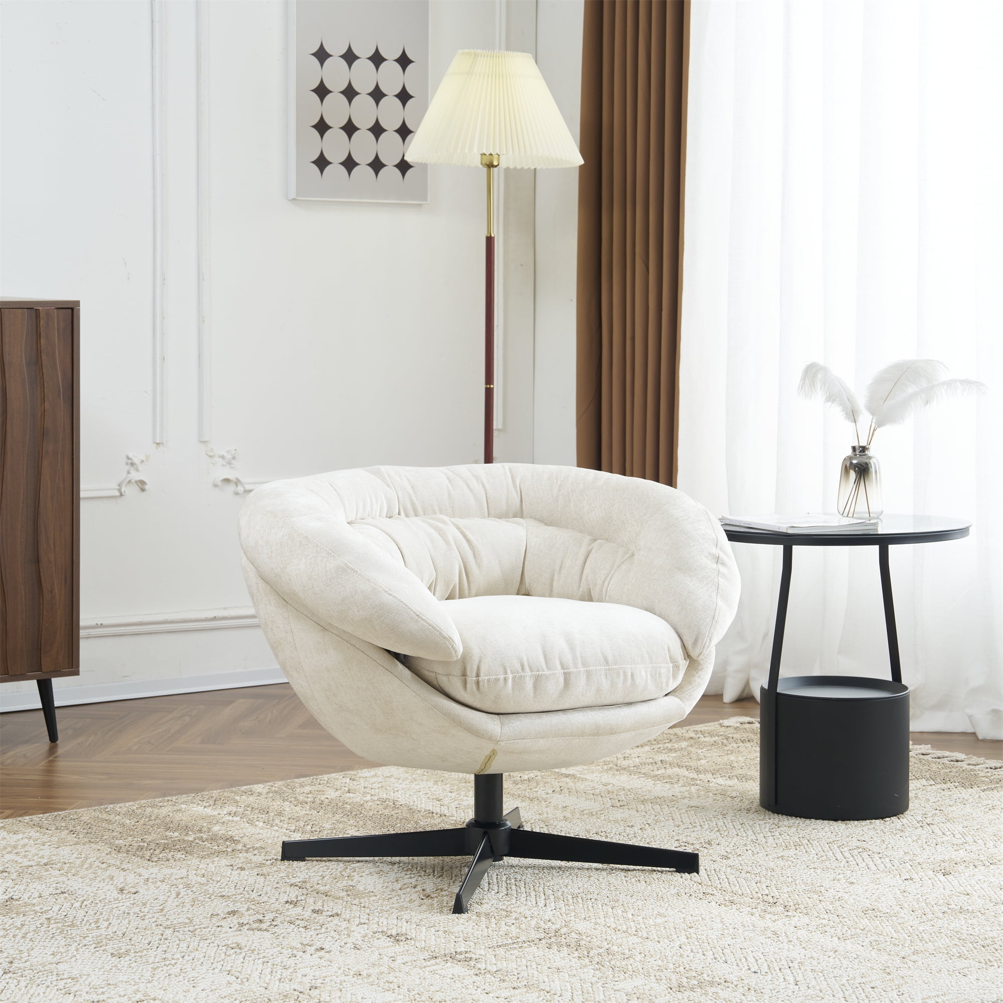 EUROCO 33" Ergonomic Chenille Swivel Chair,Cotton Accent Chair with Soft Thick Removable Cushion and Metal Base,360 Degree Swivel for Living, Bedroom, Reading Room,Beige