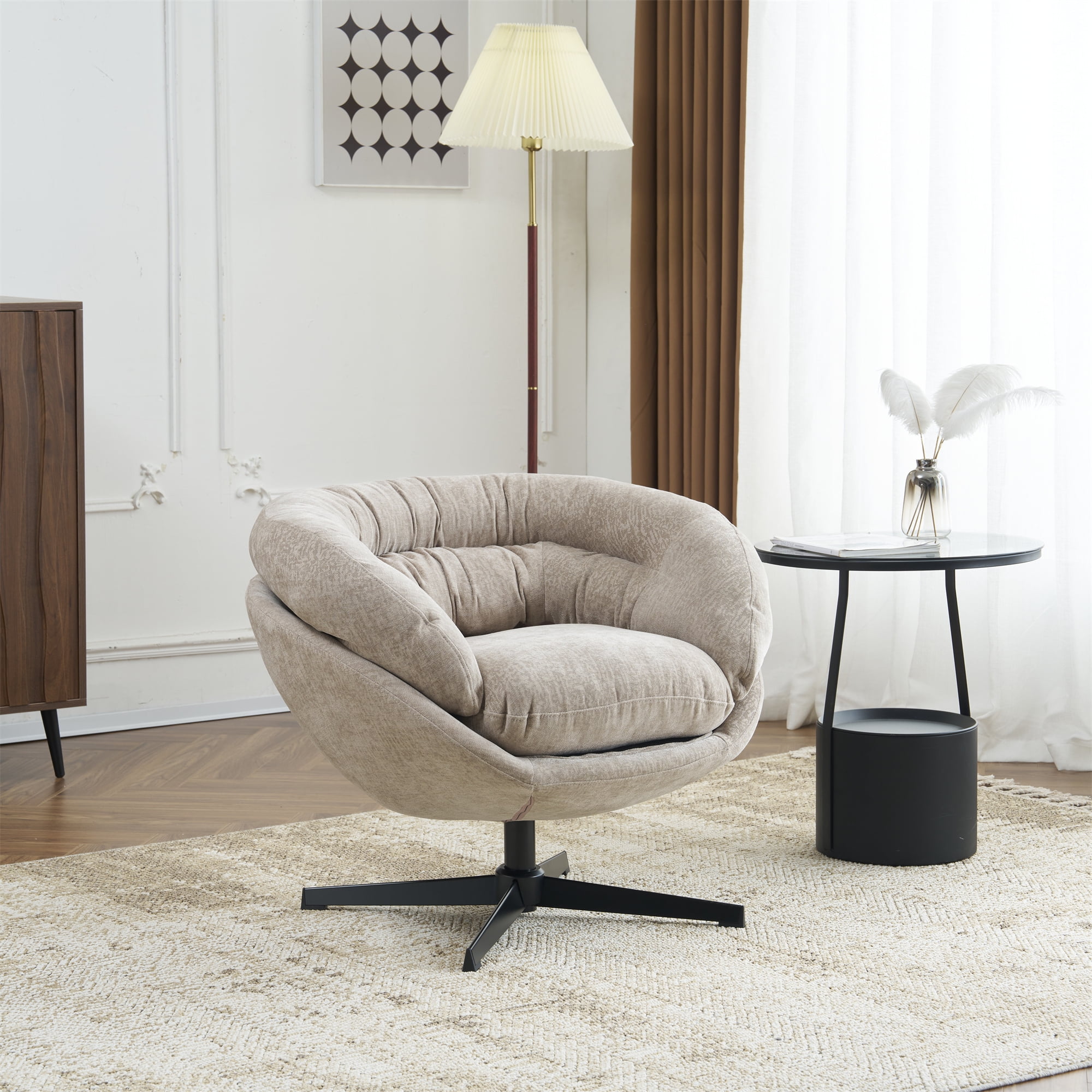 EUROCO 33" Ergonomic Chenille Swivel Chair,Cotton Accent Chair with Soft Thick Removable Cushion and Metal Base,360 Degree Swivel for Living, Bedroom, Reading Room,Brown