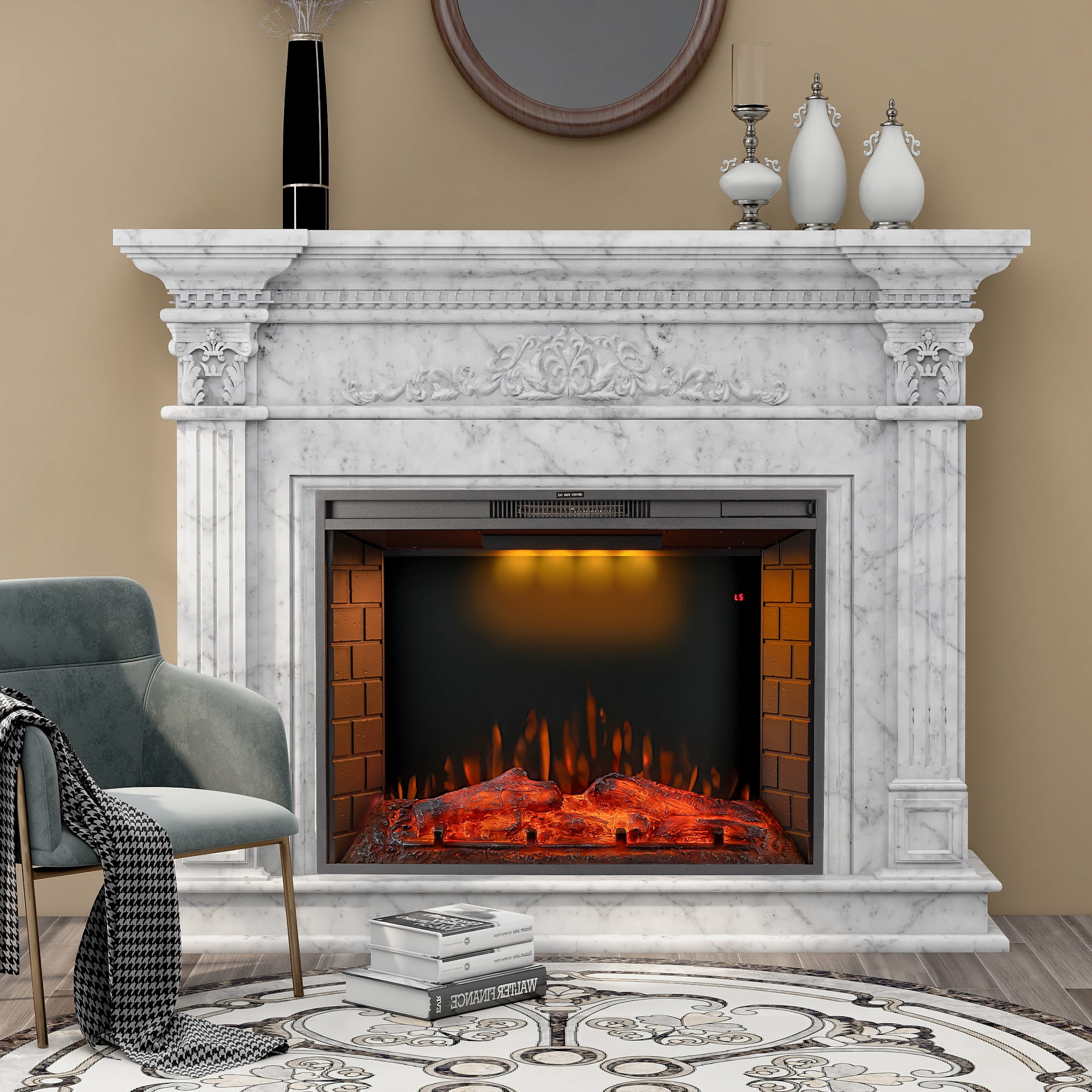 EUROCO 33 inch LED Recessed Electric Fireplace with 3 Top Light Colors, Remote Control, Adjustable Heating, and Touch Screen 1500W, Black