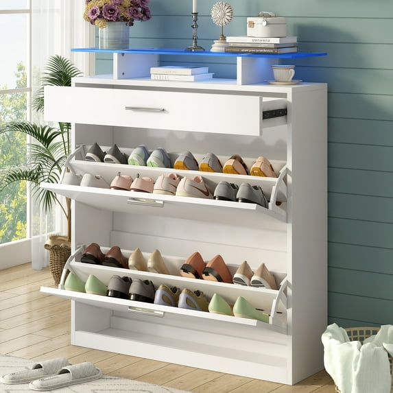 EUROCO 35" Shoe Rack Slim Entryway Organizer with 2 Flip Drawers,Shoe Storage Cabinet with Drawer and Tempered Glass Top,Free Standing Shoe Rack with LED Light for Hallway, White