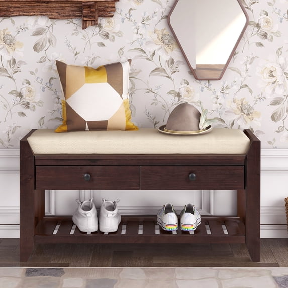 EUROCO 35" Shoe Rack Storage Bench, Entryway Wood Bench with Cushioned Seat, 2 Drawers and Bottom Shelf, White