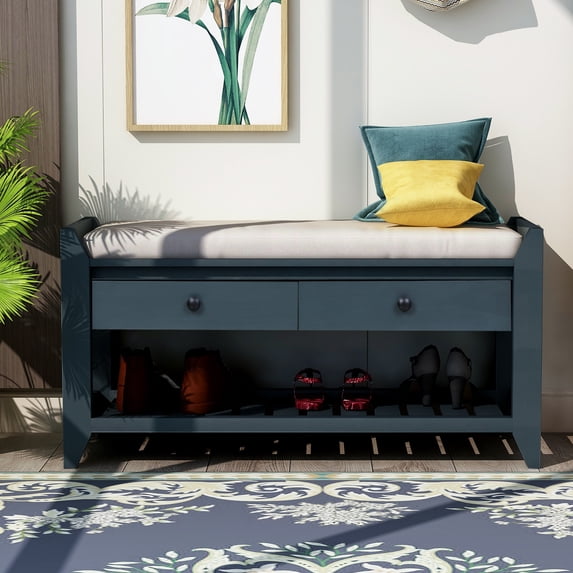 EUROCO 35" Shoe Rack Storage Bench, Entryway Wood Bench with Cushioned Seat, 2 Drawers and Bottom Shelf, White