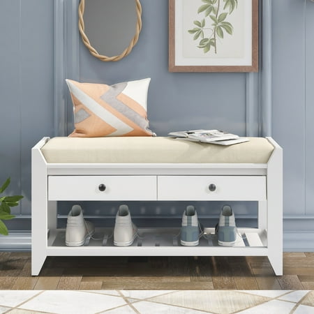 EUROCO 35" Shoe Rack Storage Bench, Entryway Wood Bench with Cushioned Seat, 2 Drawers and Bottom Shelf, White