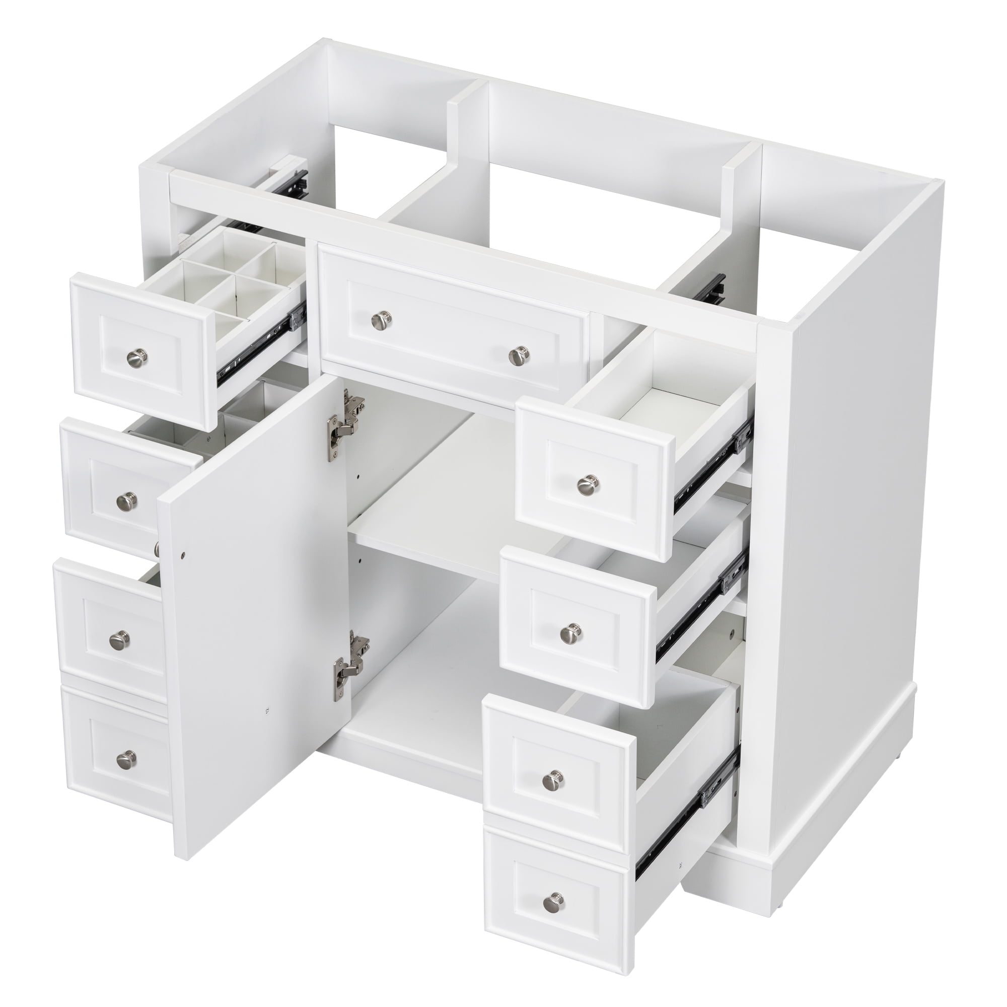 White Solid Wood and MDF Freestanding Bathroom Vanity Base with 6 Drawers