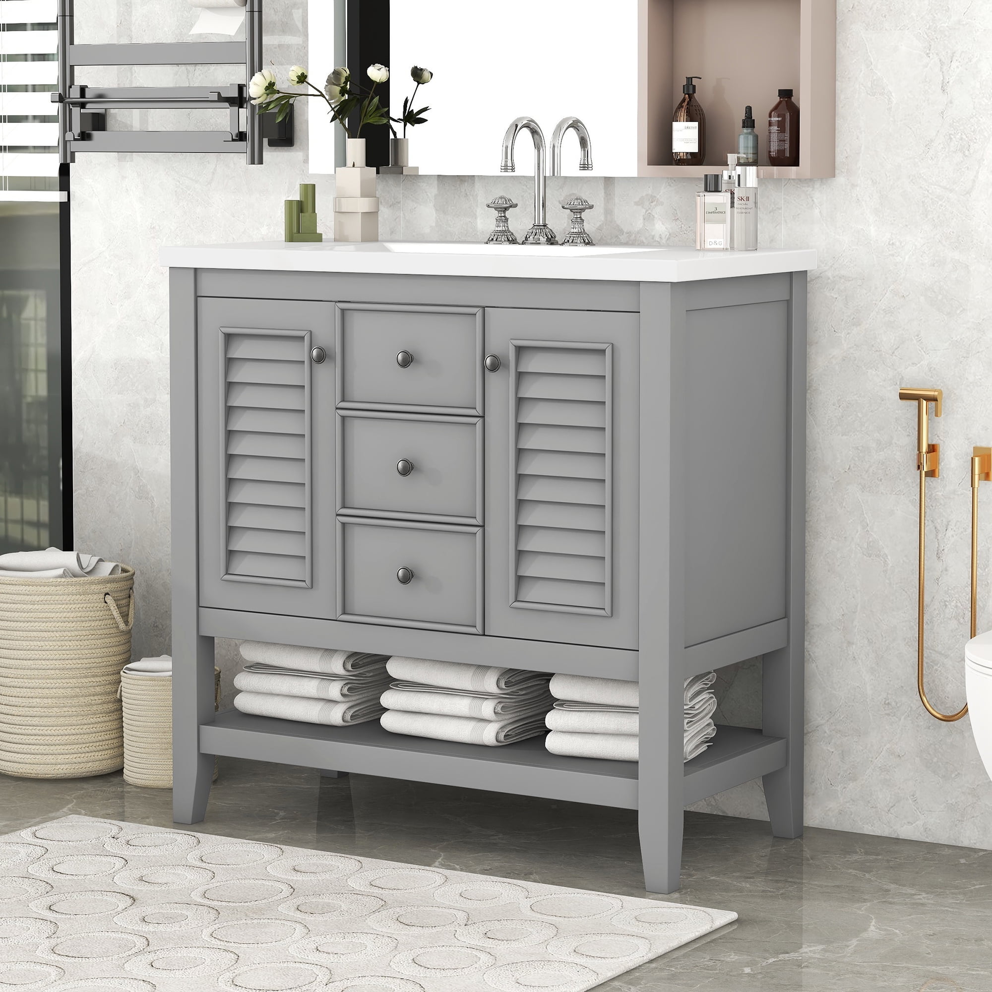 EUROCO 36" Bathroom Vanity with Ceramic Basin,Modern Freestanding ...