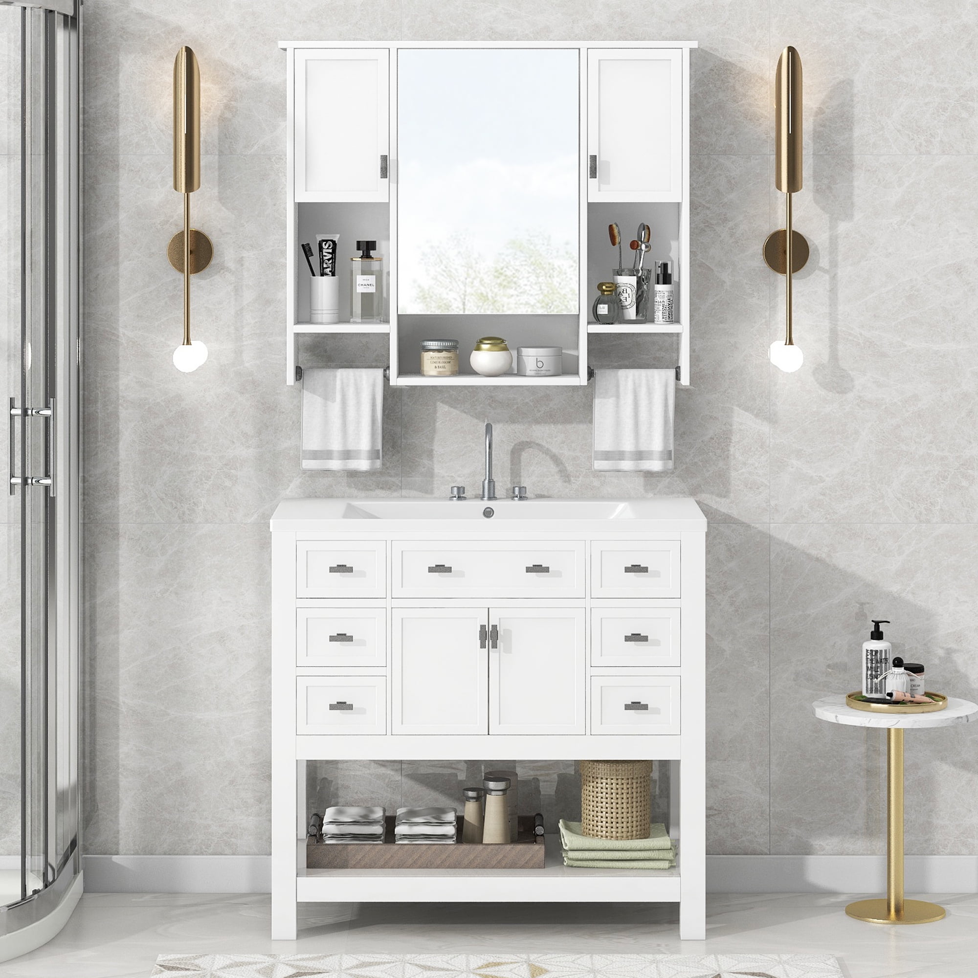 EUROCO 36" Bathroom Vanity with Resin Sink and Mirror Cabinet,Modern ...