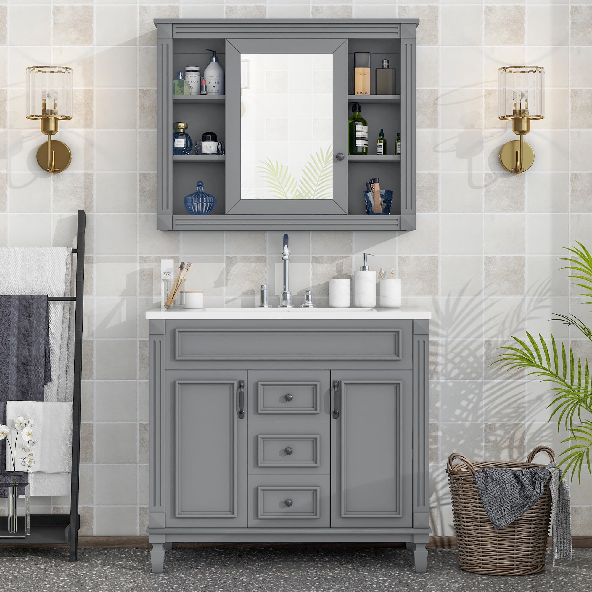 EUROCO 36'' Bathroom Vanity with Top Sink and Mirror Cabinet, Modern Bathroom Storage Cabinet with 2 Soft Closing Doors and 2 Drawers, Single Sink Bathroom Vanity
