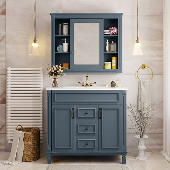 EUROCO 36" Bathroom Vanity with Top Sink, Royal Blue Mirror Cabinet, Modern Bathroom Storage Cabinet with 2 Soft Closing Doors and 2 Drawers, Single Sink Bathroom Vanity