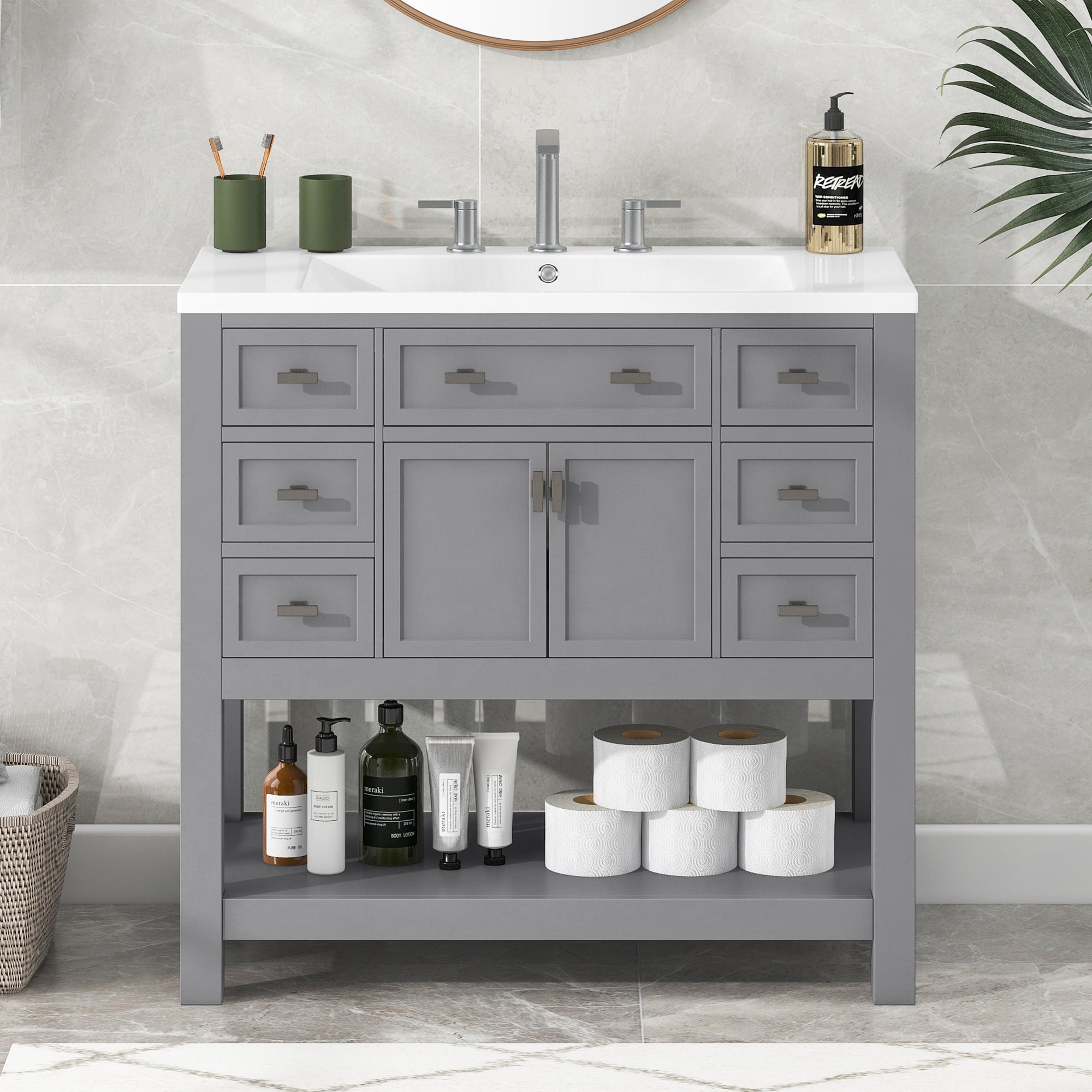 EUROCO 36" Bathroom Vanity with Top Sink, Modern Bathroom Storage Cabinet with 2 Soft Closing ...
