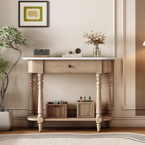 EUROCO 36" Retro Console Table with Drawer,Solid Wood Entryway Table Sofa Table with Open Storage Shelf and Corner-Curved Design for Entryway, Hallway and Living Room,Beige