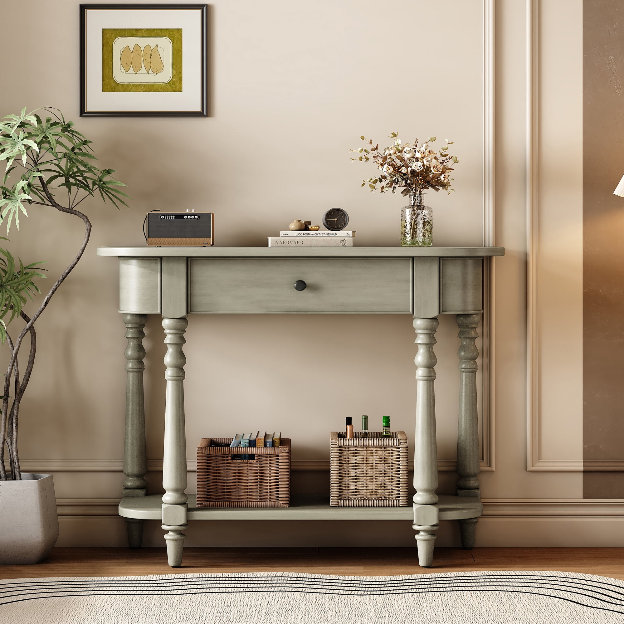 EUROCO 36" Retro Console Table with Drawer,Solid Wood Entryway Table ...