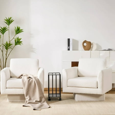 EUROCO 30" W Oversized 360° Swivel Accent Chair Set of 2,Comfy Round Armchair with Teddy Sherpa Fabric,Solid Wood Frame and Upholstered Deep Seat,Thick Padded Arm Chair for Living Room/Bedroom,Cream