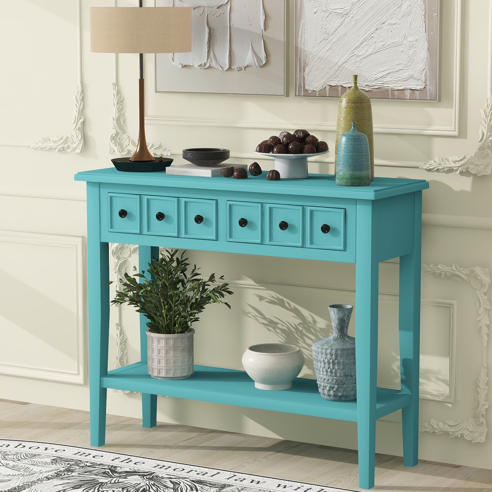 EUROCO 38.2" Console Table,Sofa Table Entryway Table with Rubber Wood Legs,2 Drawers and Open Shelf,Rustic Hallway Accent Table for Living Room, Entrance,Teal