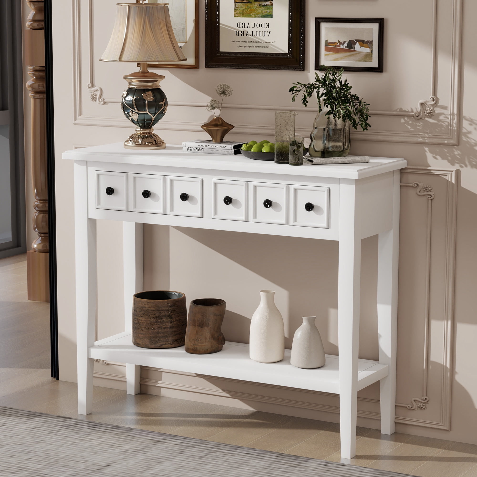 EUROCO 38.2" Console Table,Sofa Table Entryway Table with Rubber Wood Legs,2 Drawers and Open Shelf,Rustic Hallway Accent Table for Living Room, Entrance,White
