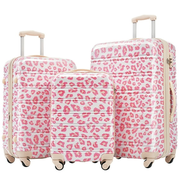 EUROCO 3PCS Luggage Sets(20"/24"/28"),Expandable PC Durable Hardshell Lightweight Suitcase Sets with TSA Lock and 360 Silent Spinner Wheels,Pink Leopard