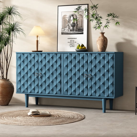 EUROCO 60.7" Sideboard Buffet Cabinet,Large Kitchen Storage Cabinet with 4 Convex Pattern Doors,4 Shelves and Silver Handles,Modern Coffee Bar Cabinet Console Cabinet for Dining Room,Navy